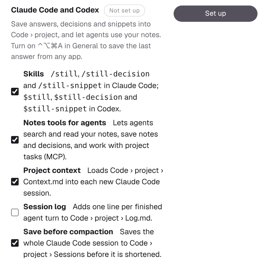 Settings, Connections: the Claude Code and Codex row with a switch for each part and a Set up button.